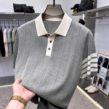 Quality Designer Brand Men Short-Sleeved Knitted Shirt Lapel Button Flax-Containing British Style Summer Leisure Men's Clothing