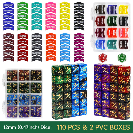 110PCS MTG Dice Tokens Set Keyword Counters +1/+1 & -1/-1 Counters 2xD20 Life Trackers, 12mm Size with Storage Box, Compatible