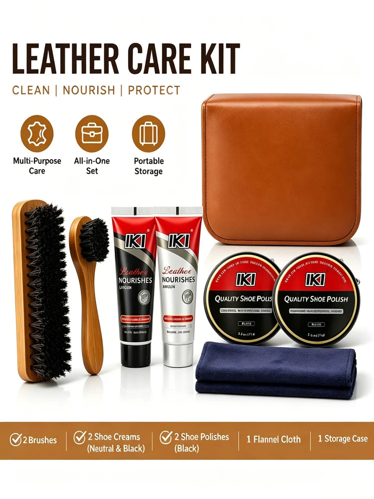 Leather Shoe Care Kit with Black And Colorless Shoe Polish 2 Black Solid Shoe Wax Two Horse Hair Brushes And Flannel Cloth