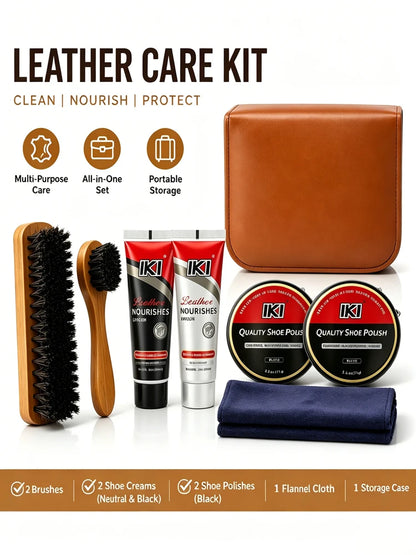 Leather Shoe Care Kit with Black And Colorless Shoe Polish 2 Black Solid Shoe Wax Two Horse Hair Brushes And Flannel Cloth