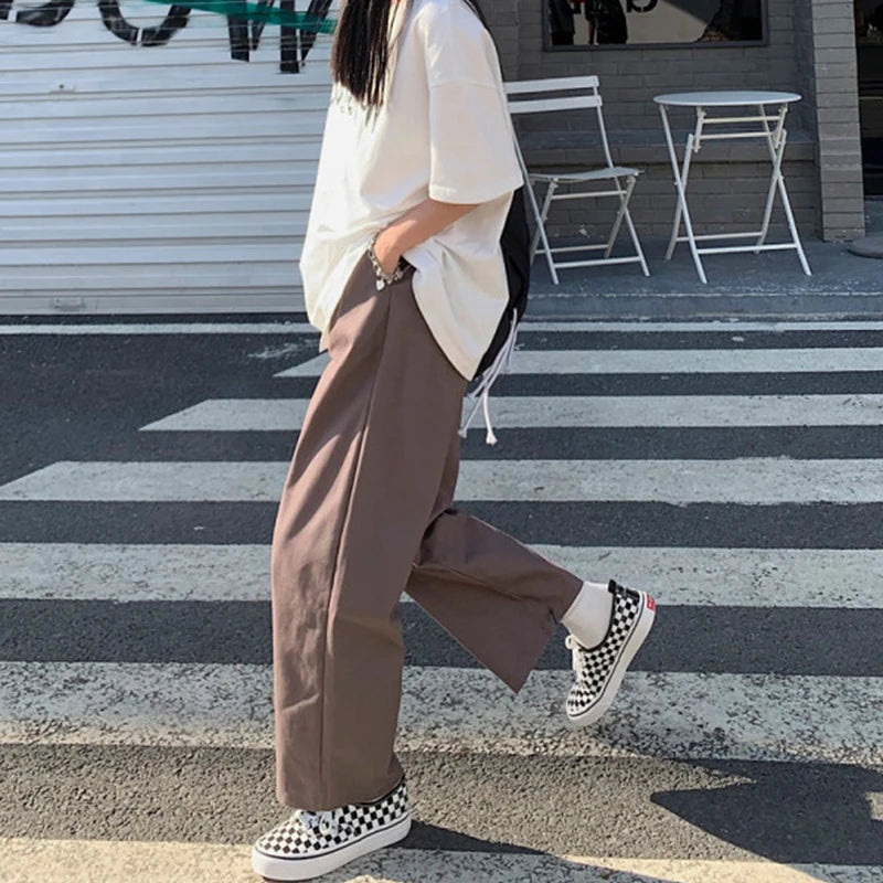 Brown Loose Straight Leg Workwear Pants Women's Spring Autumn plus Size Comfortable Casual American Style Wide Leg Trousers