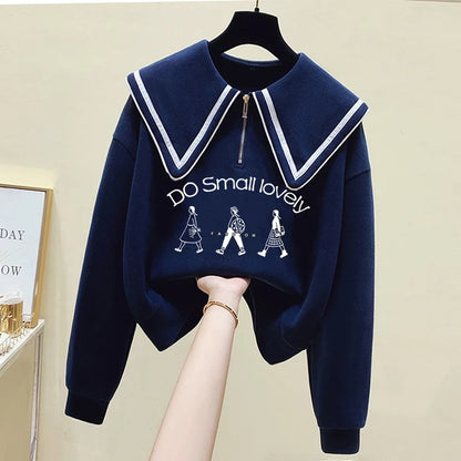 Teenage Girl's Fleece Lined Thickened Navy Collar Sweatshirt Small Size Winter Fashionable Clothing School Sweet Style Zipper