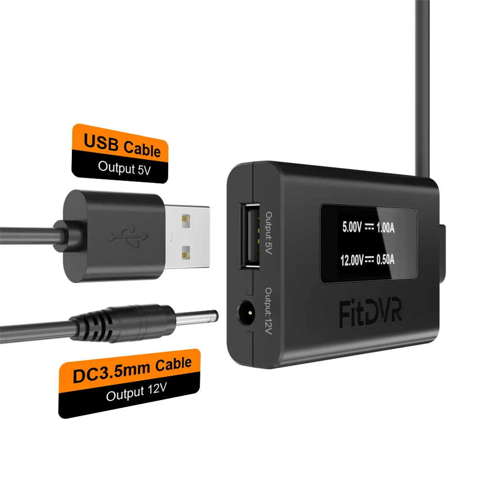 FitDVR Dash Cam Adapter for Universal Car Model, LED Display, USB Power Source Cable, DVR Accessories, Easy to Install, D3-044