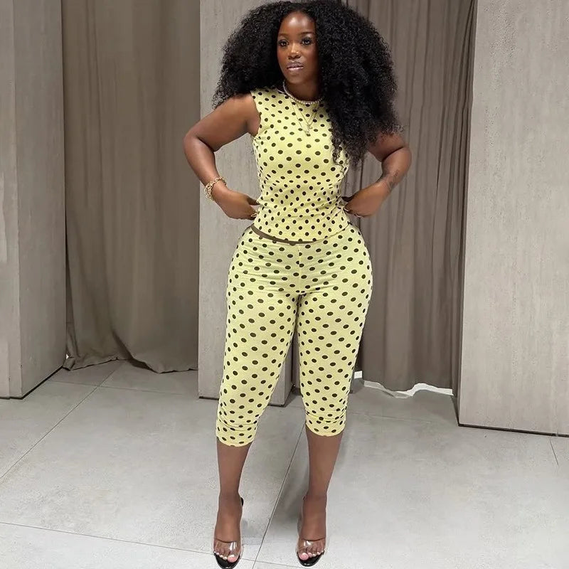 Women's Fashion Polka Dot Slim 2 Piece Set Summer Sleeveless Vest Elastic Waist Pant Suits For Womens Party Casual Streetwear