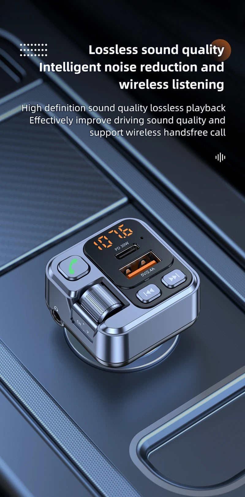 Bluetooth FM Transmitter Car Charger 20W PD USB-C Fast Charger Car Radio with Mic For Wireless Hands Free Call MP3 Player