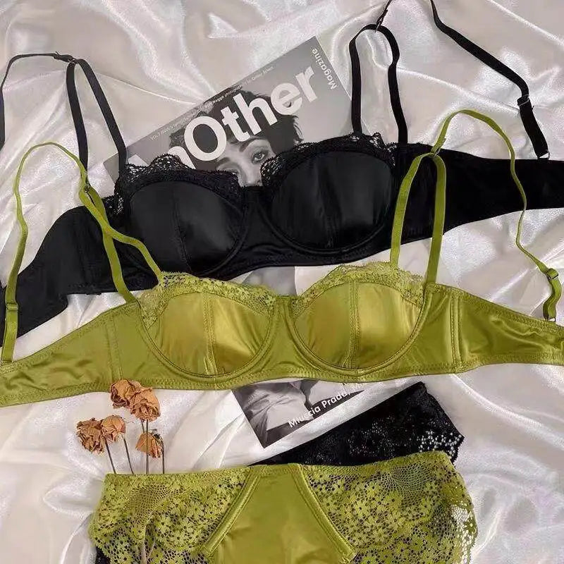 French Half Cup Lace Underwired Bra Set Ladies Thin Push Up Gather Fit No Gap Small Bust Comfortable Sexy Lingerie Two Piece Set