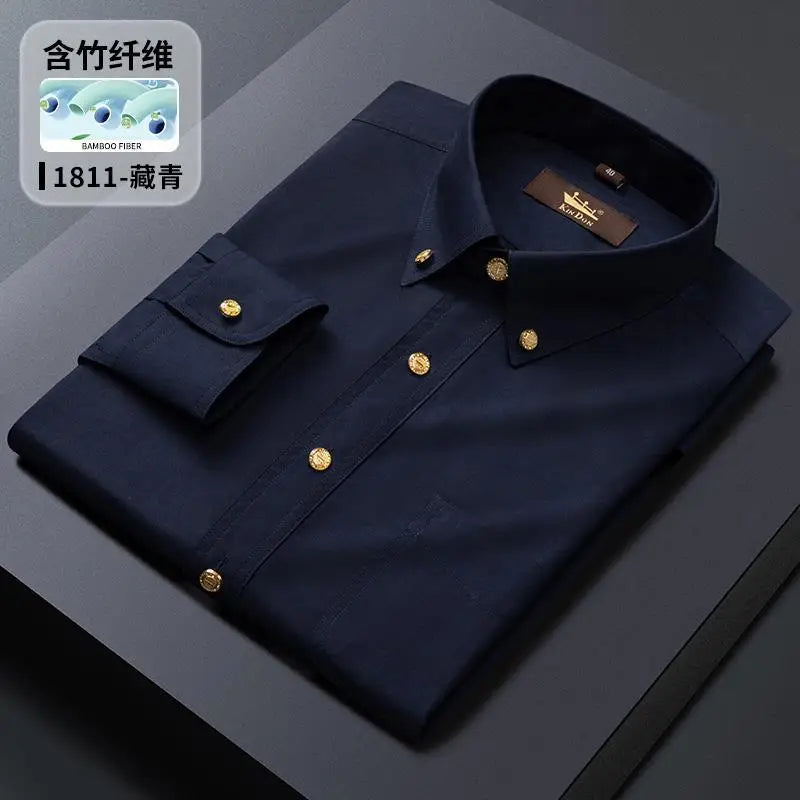 2026 Spring/Autumn New Men's Luxury Brass Button Long Sleeve Business Casual Shirt Ironing Resistant Office Work Shirts as Gift