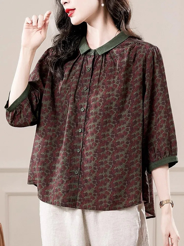 Retro plus Size Women's Shirt Loose Fit Floral Print Seven-Quarter Sleeve Cover up Top Summer New Arrival  Collar Button ...