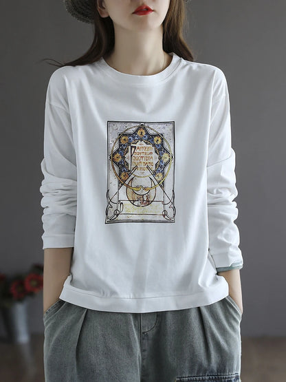 Retro Star Moon Pure Cotton Long Sleeve Pink Anti-Aging T-Shirt Women Loose Fashionable Spring Autumn Ladies Base Shirt Top