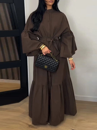 Casual Women Dress Belt Cinched Waist Long Sleeve High Collar Solid Single Breasted Female Dress Chic Lady Commute Summer 2026