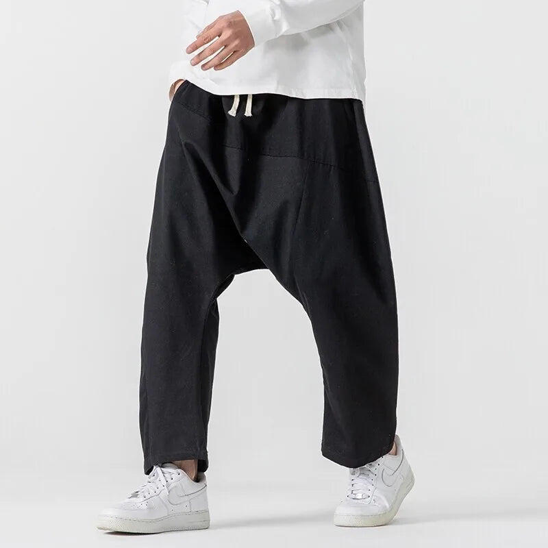 Wide Leg Pants Men's Casual Hip Hop Streetwear Pants Men's Japanese Styles Haori Cotton Linen Loose Harun Trousers Plus Size 5XL