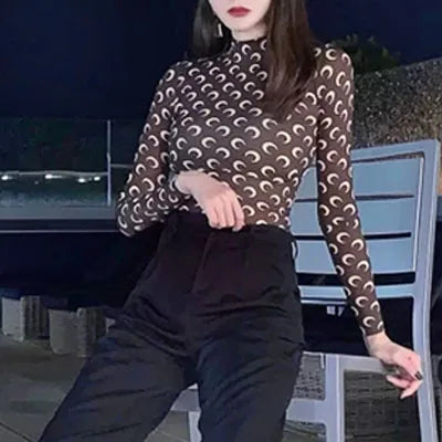 Moon Print Base Layer Shirt Long Sleeve Half High Collar Elastic T-Shirt Layering Trendy Top Inner Wear Autumn Winter for Women