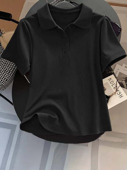 Loose Fit Women's  Neck Short Sleeve Cotton T-Shirt Casual Button up Top Korean Style Summer Fashion Ladies' Shirt