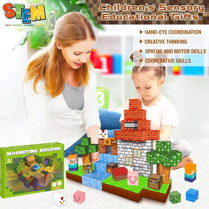 Magnetic Building Block Toy Mine World Stacking Creativity Bricks Forest Houses Architectural Model Set Kids for Boy Girls Gift