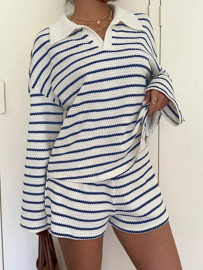 Women Striped Shorts Set Long Sleeve T-Shirt And Loose Casual Pants Breathable Two Piece Outfits For Summer Daily Loungewear