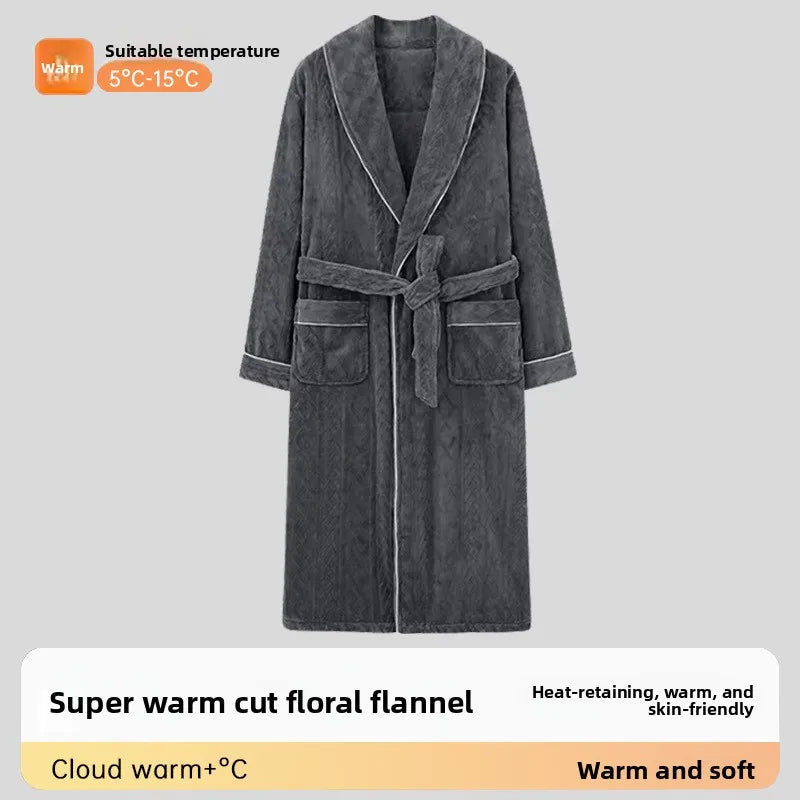 Men's Thickened Flannel Robe Autumn Winter Home Clothes Sleepwear Warm Long for Couple Fleece Lined Bathroom Gown