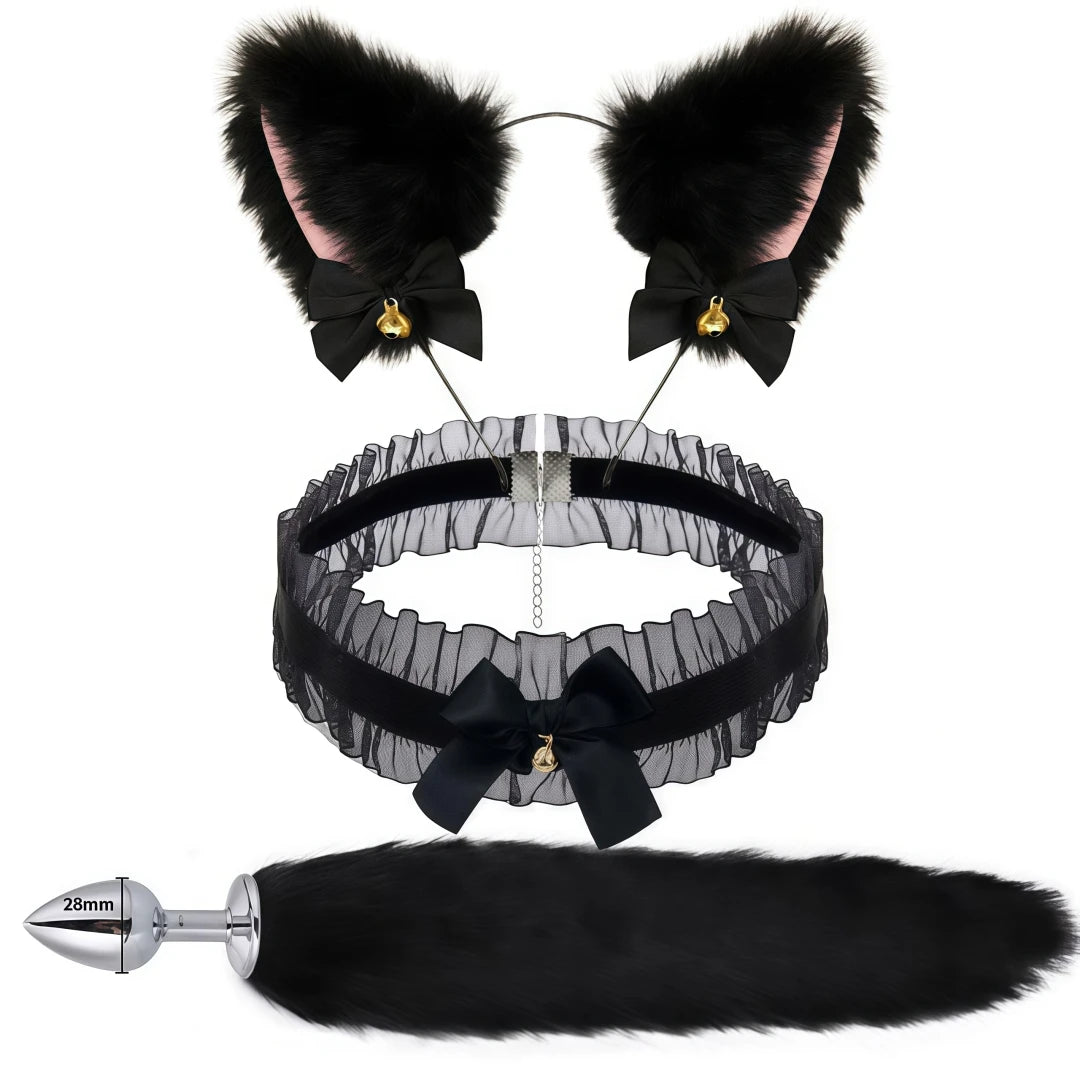 5 In 1 Fox Tail Butt Plug Set Cat Ears Headband Choker Ball Gag Nipple Clamps BDSM Cosplay Pet Play Accessories for Couples