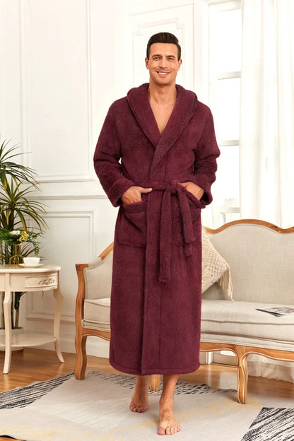 Men's Ultra Soft Coral Fleece Bathrobe Long Plush Shawl Collar Robe with Belt Pockets Thick Warm Winter Loungewear Home Nightgow