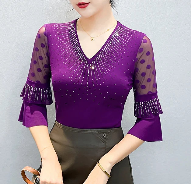 2026 Spring Summer Mesh Tops Korean Fashion Diamond T Shirt Slim 3/4 Sleeve Hollow Out Casual Women Shirt