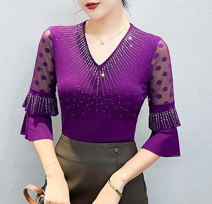 2026 Spring Summer Mesh Tops Korean Fashion Diamond T Shirt Slim 3/4 Sleeve Hollow Out Casual Women Shirt