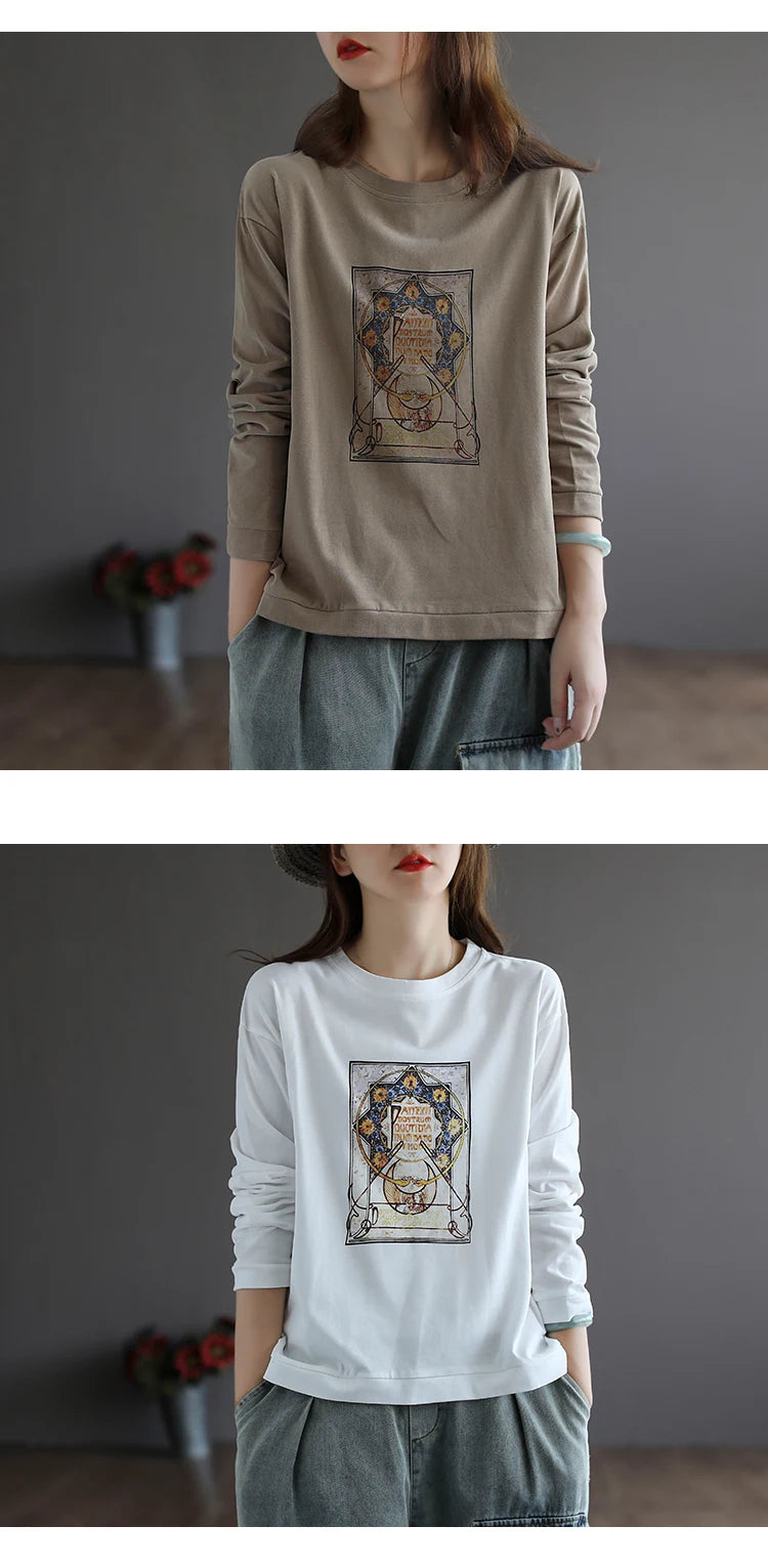 Retro Star Moon Pure Cotton Long Sleeve Pink Anti-Aging T-Shirt Women Loose Fashionable Spring Autumn Ladies Base Shirt Top