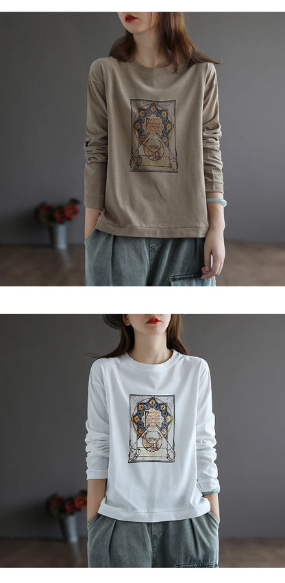 Retro Star Moon Pure Cotton Long Sleeve Pink Anti-Aging T-Shirt Women Loose Fashionable Spring Autumn Ladies Base Shirt Top