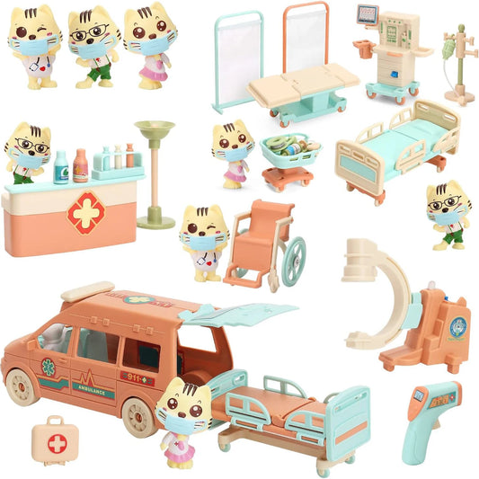Cat Dolls Doctor Pet Pretend Play Toys, Figures Playset Toy, Hospital Ambulance Toy Educational Toys Pet Care Playset Hospital