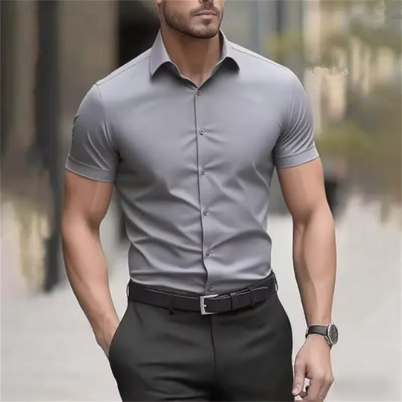 Men's Summer Business Shirt Short Sleeve Stretch Fabric Black Without Pocket Slim Fit Male Social Dress Shirt High Quality 5XL