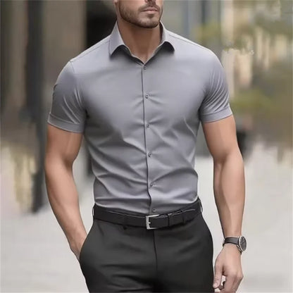Men's Summer Business Shirt Short Sleeve Stretch Fabric Black Without Pocket Slim Fit Male Social Dress Shirt High Quality 5XL