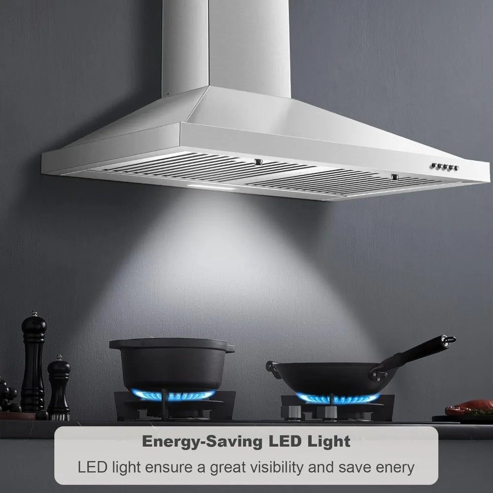 30 inch Wall Mount Range Hood, Ducted/Ductless Kitchen Hood, Stainless Steel, Baffle Filters, 3 Speed Fan, Push Button Control, LED Light