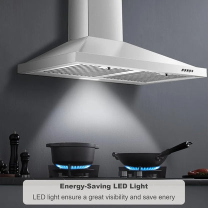 30 inch Wall Mount Range Hood, Ducted/Ductless Kitchen Hood, Stainless Steel, Baffle Filters, 3 Speed Fan, Push Button Control, LED Light