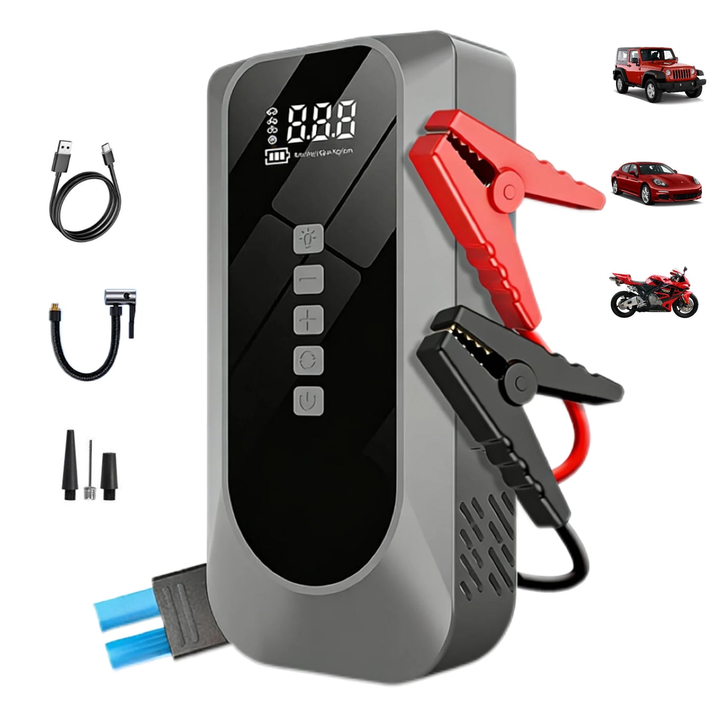 12V Portable Car Jump Starter Power Bank With Air Compressor for Emergency Vehicle Starting Battery Booster for Cars Motorcycles