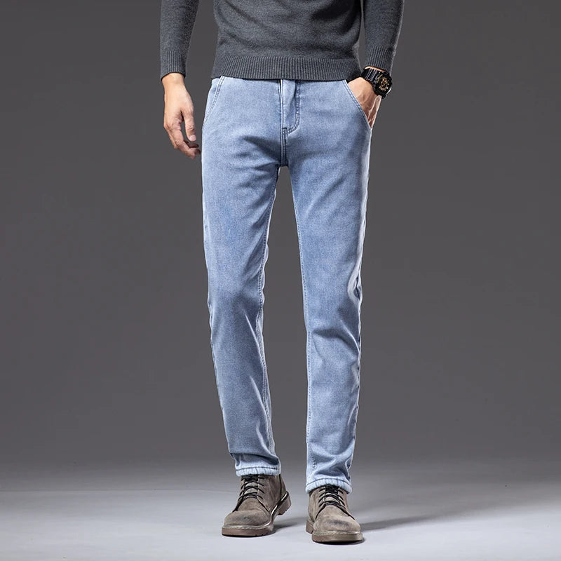 Winter Fleecy Thickened Warm Jeans Vintage Brand Classic Retro Youth Fashion Men Fit Straight Leg Casual Stretch Denim Pants