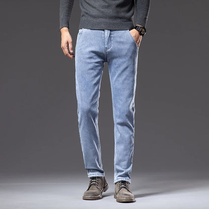 Winter Fleecy Thickened Warm Jeans Vintage Brand Classic Retro Youth Fashion Men Fit Straight Leg Casual Stretch Denim Pants