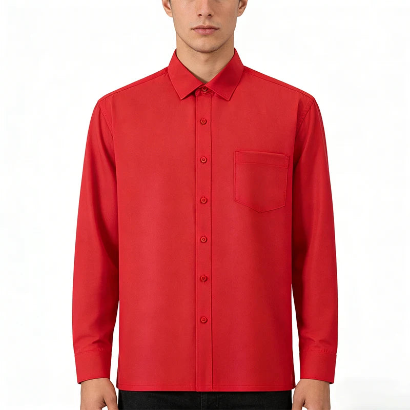 New In Tops Pure Cotton Men's Long Sleeve Business Social Plain Shirts Fashion Single Pocket Casual Slim Fit Solid Color Blouses