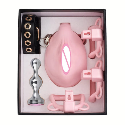 FRKO Real Pussy Labia Sissy Chastity Cage Set 정조대 4 Size Penis Ring Belt Lock Cock Anal Plug Pussy Worship Sex Toys For Men BDSM