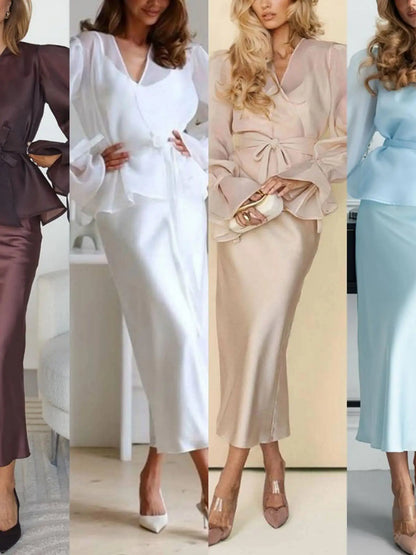 Elegant Shirt Style Satin Dress Women's High Waist Belted Long Sleeve Fashion Set High Quality Chinese Brand Summer Outfit