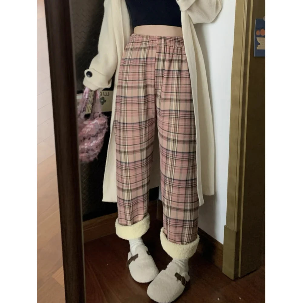 Lamb Velvet Fleece Lined Thick Plaid Casual Pants Women's Autumn Winter Loose Straight Leg Wide Leg Cotton Sleepwear Trousers