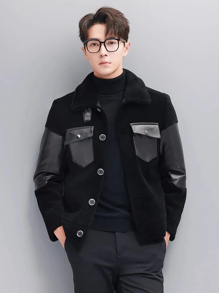 Mens Winter Real Sheep Fur Jacket Lapel Collar Single Breasted Business Work Warm Padded Coat Spliced Real Sheepskin Jacket 5XL
