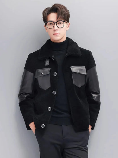 Mens Winter Real Sheep Fur Jacket Lapel Collar Single Breasted Business Work Warm Padded Coat Spliced Real Sheepskin Jacket 5XL