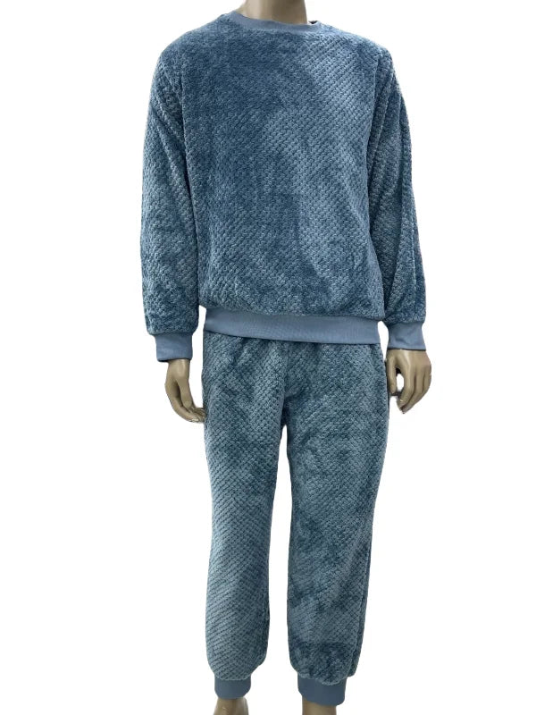 Couples Flannel Sleepwear Hooded Home Clothes Set Men Women Casual Warm Long Sleeve round Neck Wide Leg Pants Comfortable