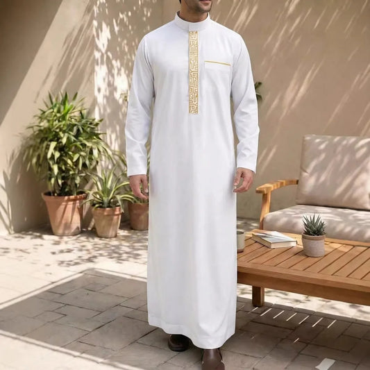 2026 New Men's Stand Collar Long Sleeve Embroidered Loose Fit Shirt Long Dress Robe Abaya Ramadan Dubai Luxury Islam Elegant