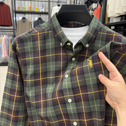 Men's 100% Cotton Brushed Plaid Long Sleeve Shirt, Small Horse Embroidery, Spring Autumn Business Casual Inner Wear Tops