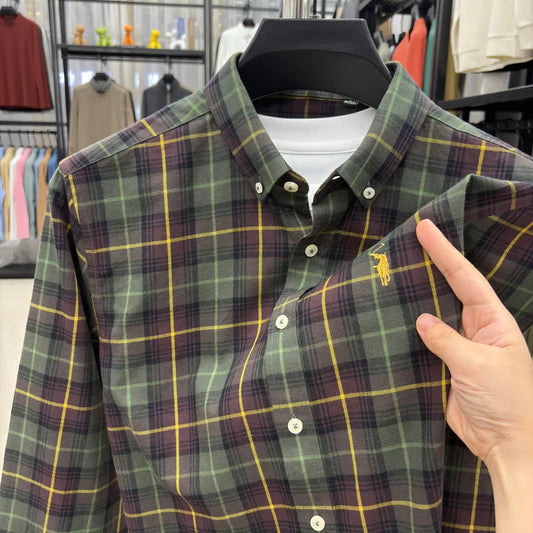 Men's 100% Cotton Brushed Plaid Long Sleeve Shirt, Small Horse Embroidery, Spring Autumn Business Casual Inner Wear Tops