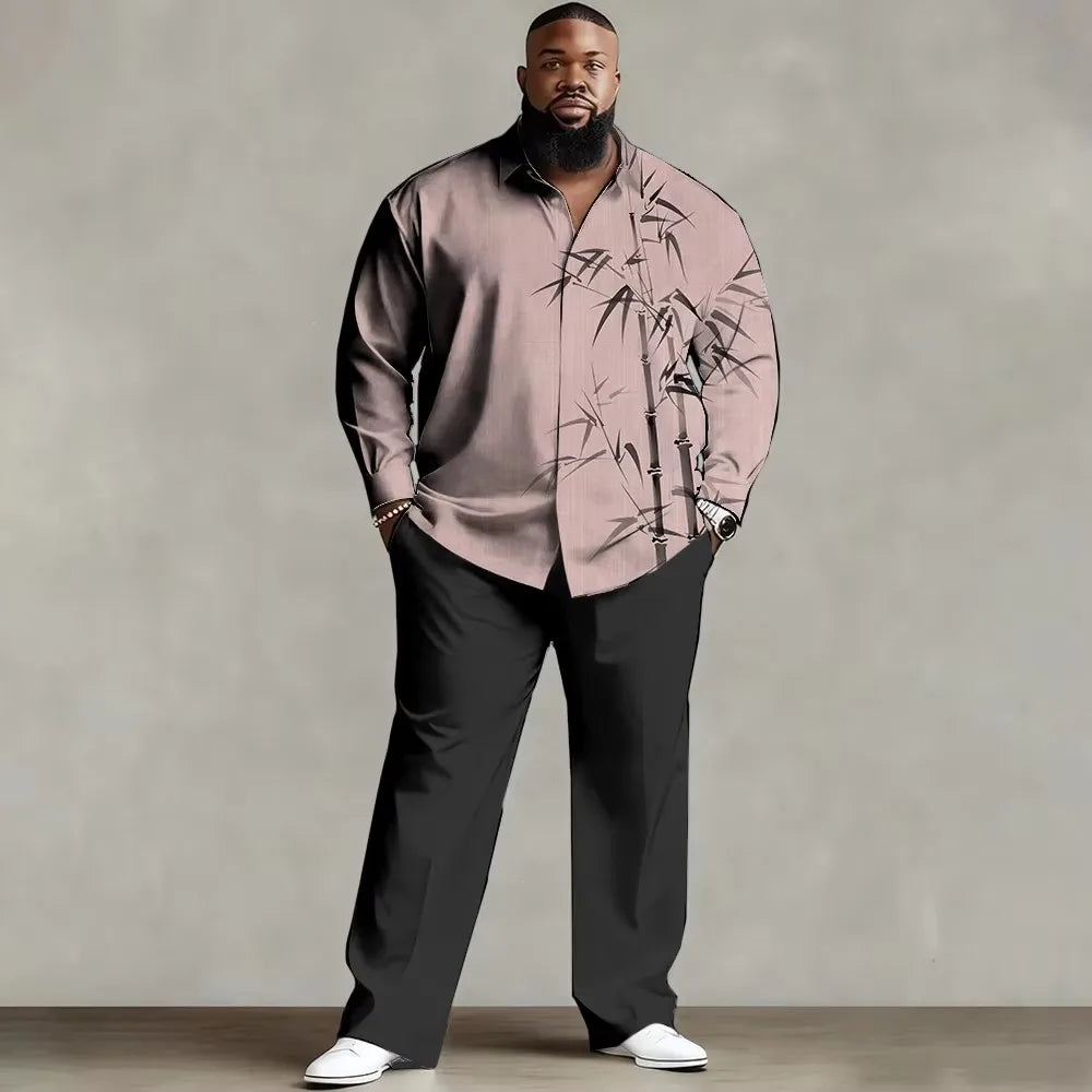 S-9XL Big & Tall Men's Vintage Print Shirt And Long Pants Loose Fit 2-Piece Set