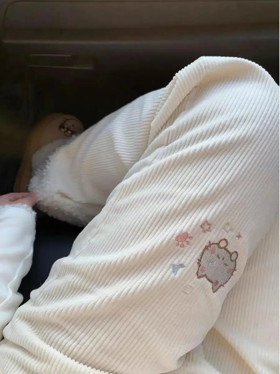 Corduroy  Embroidery Lamb Fur Patchwork Loose Micro Flare Autumn Winter Fleece Lined Slimming Cute Wide Leg Pants Women