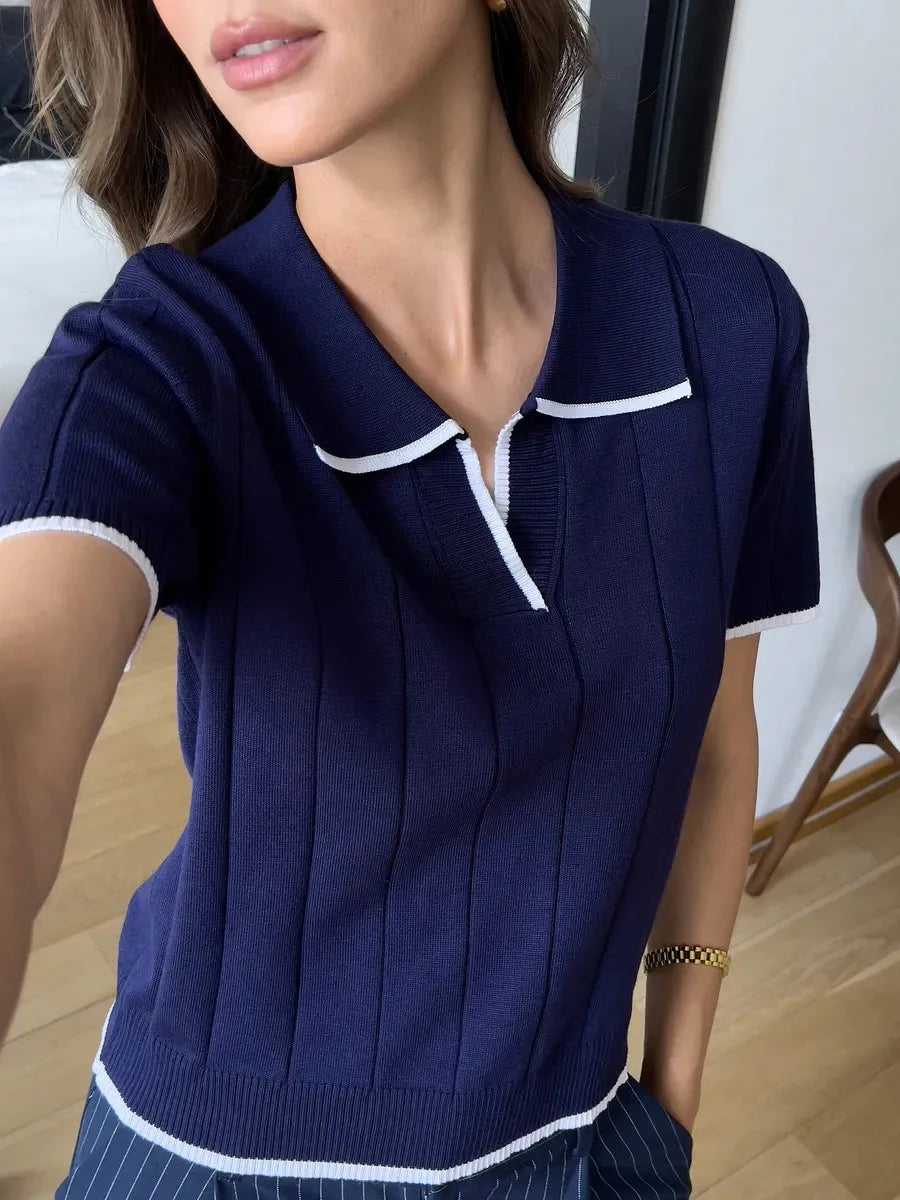 Brown Contrast White Trim Knit Polo Top for Women Short Sleeve V Neck Slim Fit Casual Knitwear