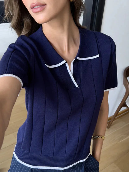 Brown Contrast White Trim Knit Polo Top for Women Short Sleeve V Neck Slim Fit Casual Knitwear