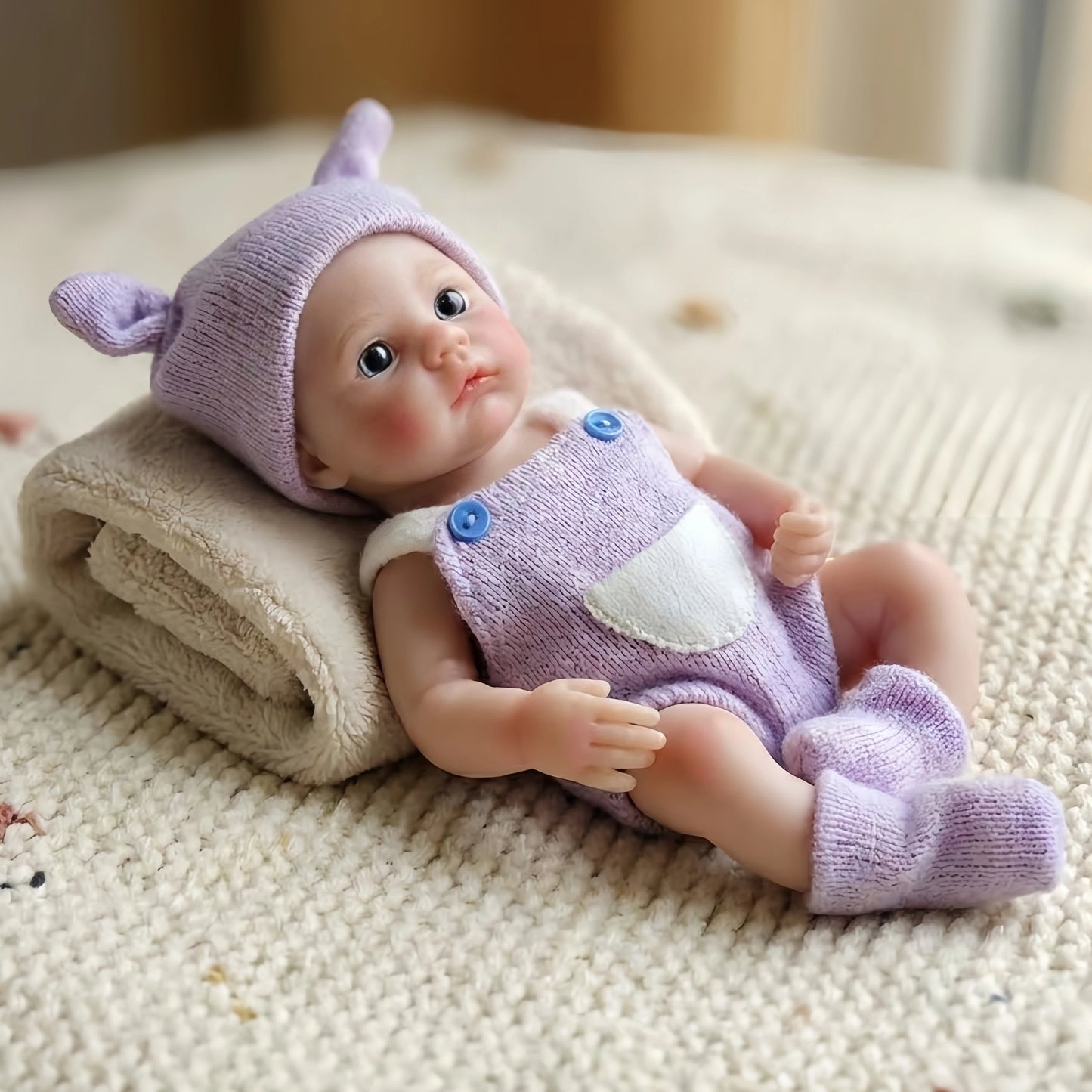 6 Inch/15 cm Mini Silicone Reborn Girl Doll, Washable, Hand Painted Vivid Skin, Purple Outfit, Bebe Reborn De Silicona
