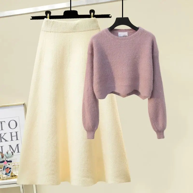 plus Size Women's Autumn Winter Knitted Sweater White Half-length Skirt Two-piece Set Slimming Concealing Anti-aging